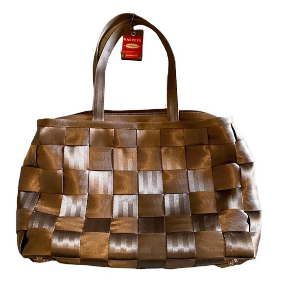 Harvey's The Original Seatbelt Bag Purse Taupe 16x11 Large Double Handle Weave